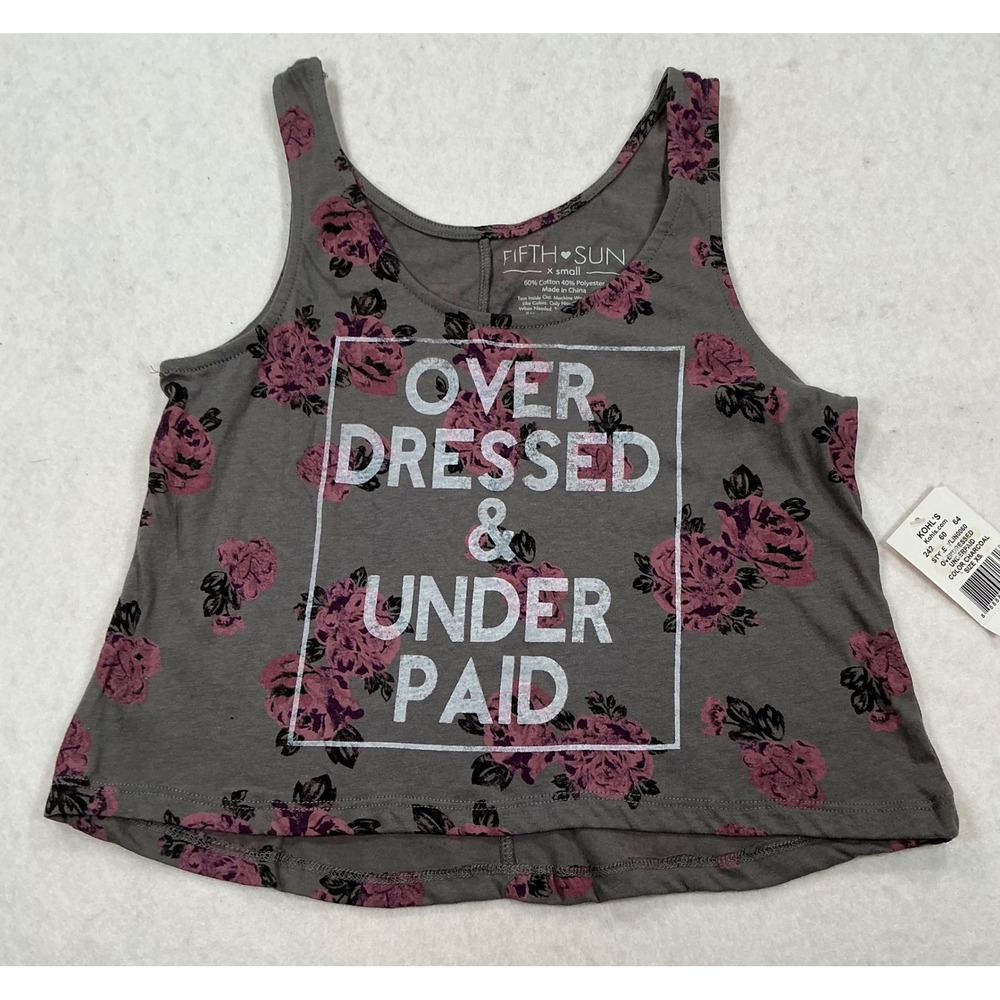 Fifth Sun Over Dressed & Under Paid Floral Graphic Tank Top Charcoal Gray XS NEW